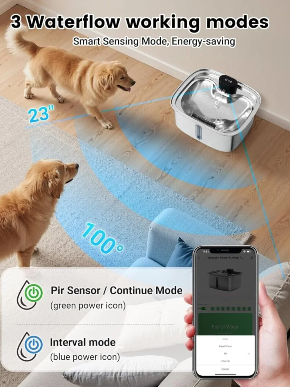 Large 10L Cordless Dog Water Fountain - Stainless Steel, APP Monitoring